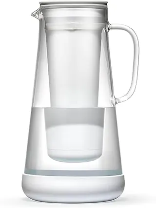LifeStraw Home– Water Filter Pitcher, 7-Cup, Glass with Silicone Base, White, for Everyday Protection Against Bacteria, Parasites, Microplastics, Lead