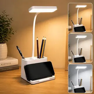 FLYNGO Plastic 3 Color Mode Led Study Table Desk Lamp For Students With Pen & Phone Holder, Rechargeable Touch On/Off Studying (204White)
