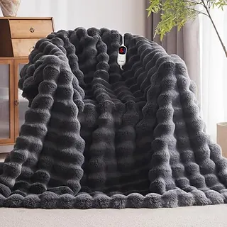 Anysay Heated Blanket Throw with 1/2/4/6/8 Hours Auto-Off 10 Heat Level, 50'' * 60'' Cozy Faux Rabbit Fur Bubble Electric Blanket with Overheat Protec