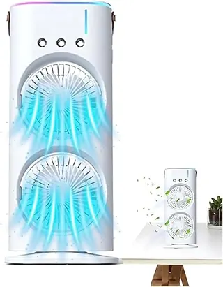 Drumstone (𝐋𝐢𝐦𝐢𝐭𝐞𝐝-𝐓𝐢𝐦𝐞 𝐁𝐨𝐧𝐮𝐬 𝟏𝟎-𝐘𝐞𝐚𝐫 𝐂𝐨𝐯𝐞𝐫𝐚𝐠𝐞) Dual-Spray Fan with LED Light – USB Rechargeable Air Cooler with 3 Speed Modes, Remote & Touch Control