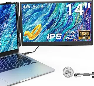 APILDELLA 14'' Dual Laptop Screen Extender, 1080P FHD Laptop Extended Monitor Portable with Speaker, Plug-Play Second Monitor for 13-16'' Laptops, Wor