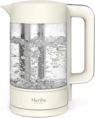 Martha Stewart Electric Kettle with Removable Stainless Steel Tea Infuser, Glass Carafe 1.7L (7 Cups), Hot Water Boiler, 4 Presets, Keep Warm & Auto S