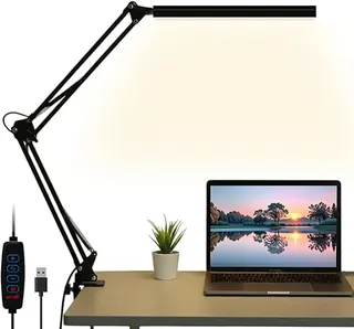 Dyazo Overhead Long Arm LED Desk Lamp | 360°Adjustable Swing Arm Clamp | 3 Color Modes & 10 Brightness Levels | Eye Caring 12W Table Light for Home, O