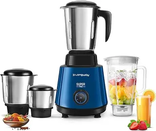 Longway Super Pro Juicer Mixer Grinder | Up to 750W Max Output Powerful Motor | 4 Jars for Grinding, Mixing, Juicing | 2 Years Warranty (Blue & Black)